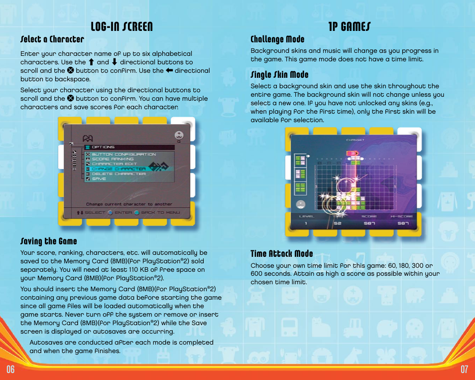 1p games, Log-in screen, Challenge mode | Single skin mode, Time attack mode, Select a character, Saving the game | Disney Puzzle Fusion: Lumines Plus for PlayStation 2 User Manual | Page 5 / 7