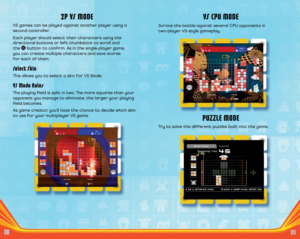 Vs cpu mode, Puzzle mode, 2p vs mode | Disney Puzzle Fusion: Lumines Plus for PlayStation 2 User Manual | Page 6 / 7
