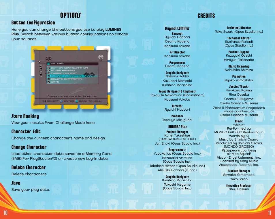 Options, Credits, Button configuration | Score ranking, Character edit, Change character, Delete character, Save | Disney Puzzle Fusion: Lumines Plus for PlayStation 2 User Manual | Page 7 / 7