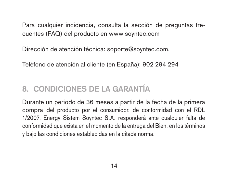 Condiciones de la garantía | Soyntec R5 WIRELESS User Manual | Page 14 / 52