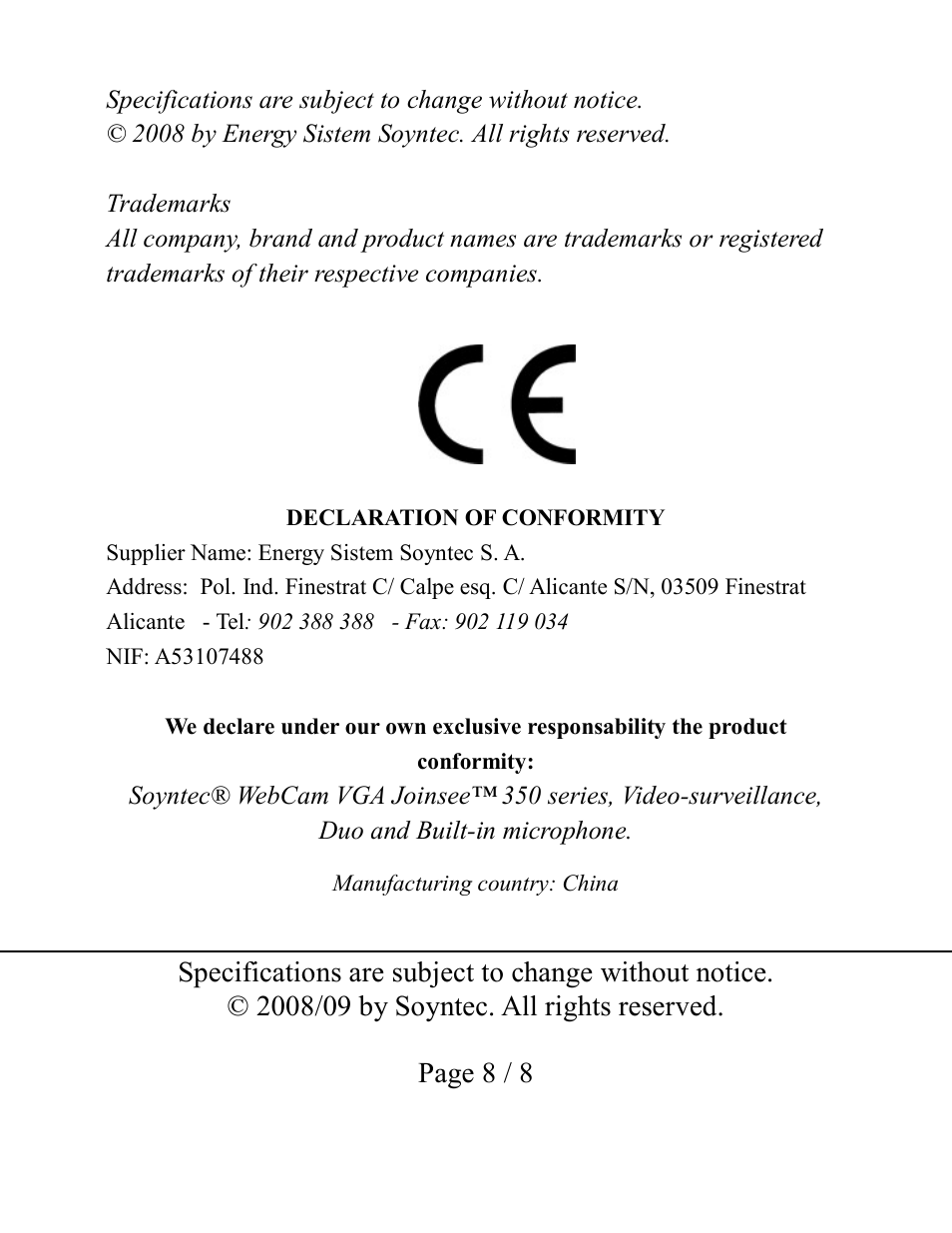 Soyntec JOINSEE 35x series User Manual | Page 8 / 8