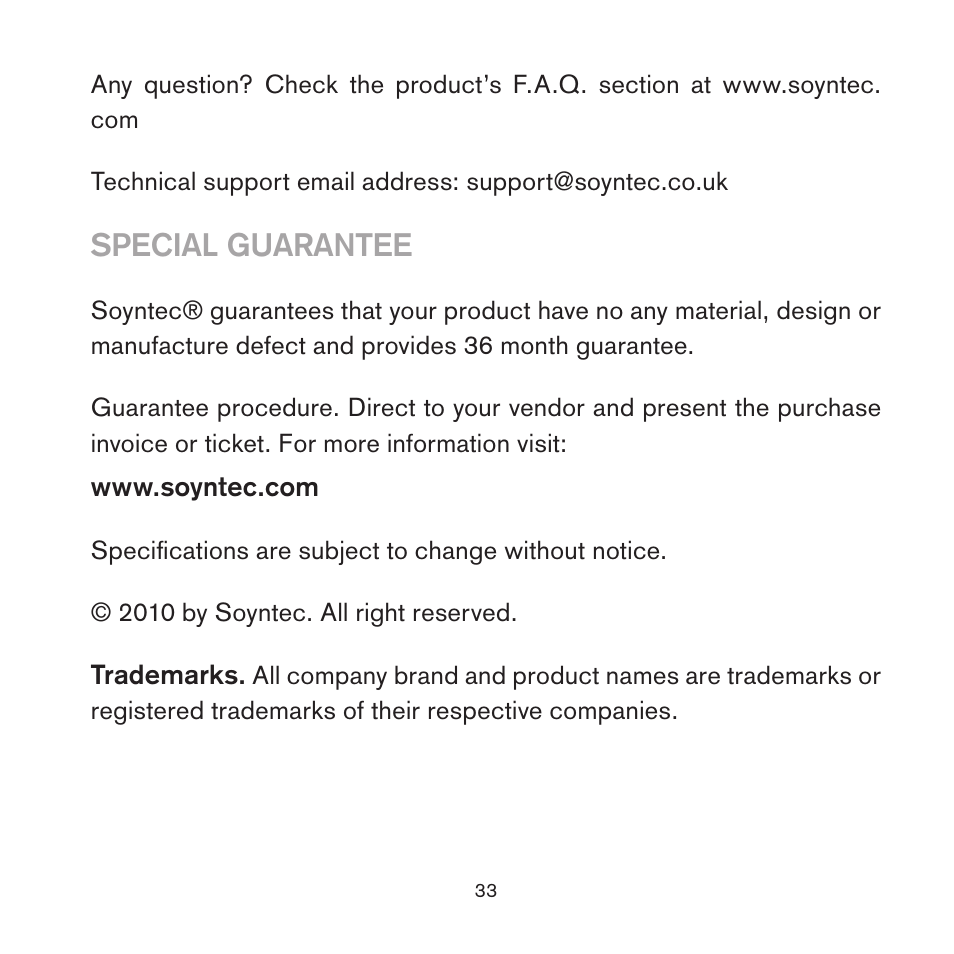 Special guarantee | Soyntec JOINSEE 500 User Manual | Page 15 / 16