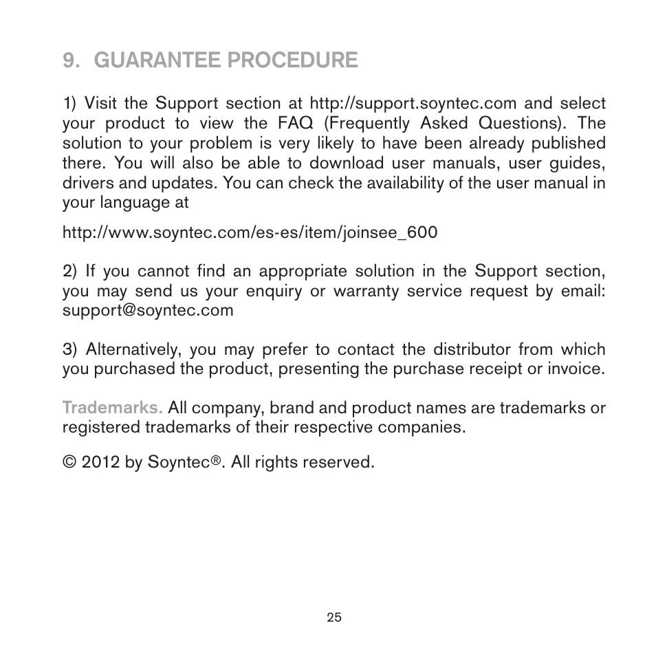 Guarantee procedure | Soyntec JOINSEE 600 User Manual | Page 11 / 12