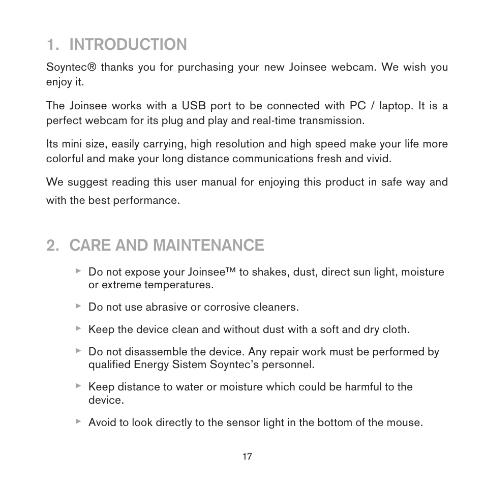 Introduction, Care and maintenance | Soyntec JOINSEE 600 User Manual | Page 3 / 12