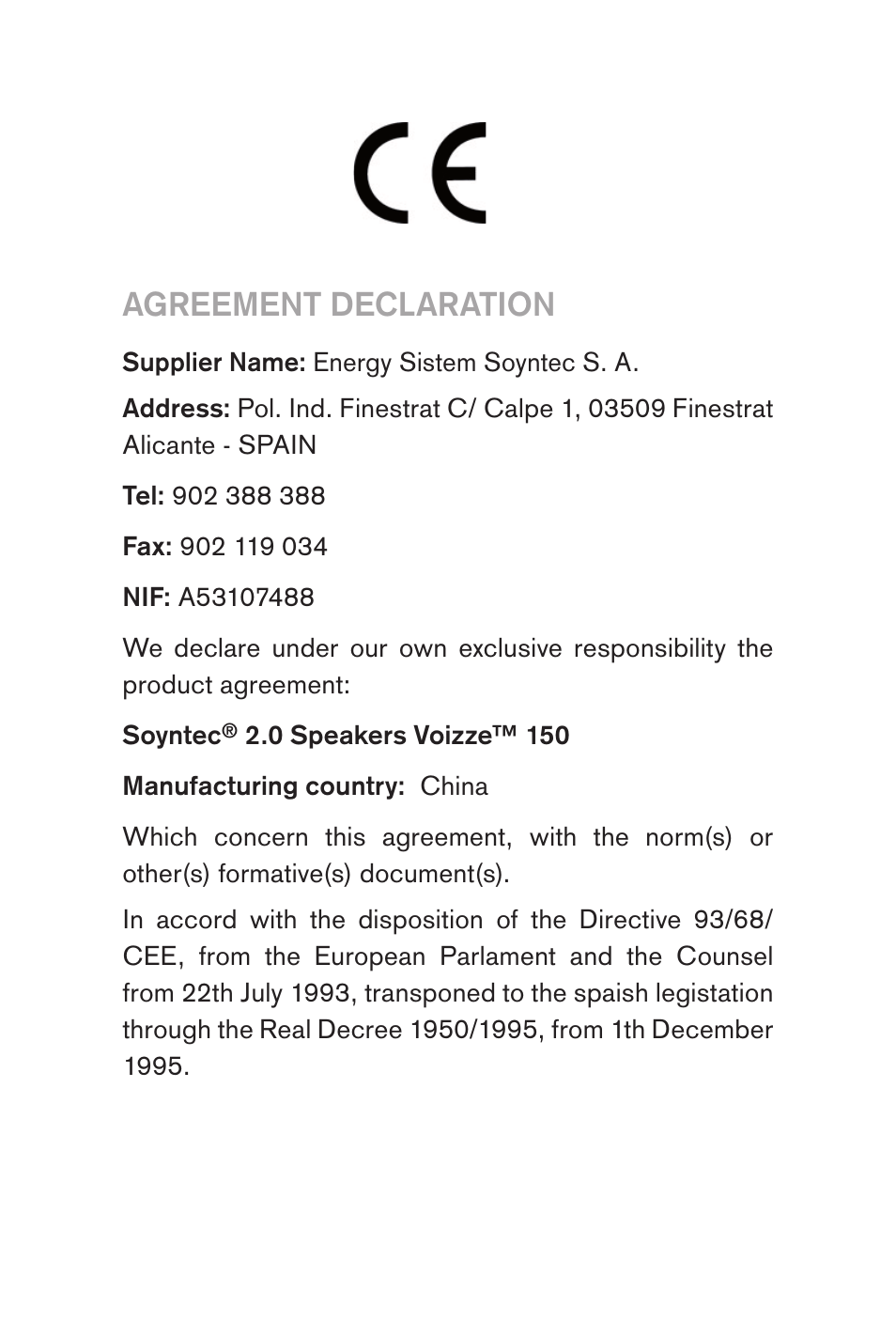 Agreement declaration | Soyntec VOIZZE 150 User Manual | Page 7 / 8