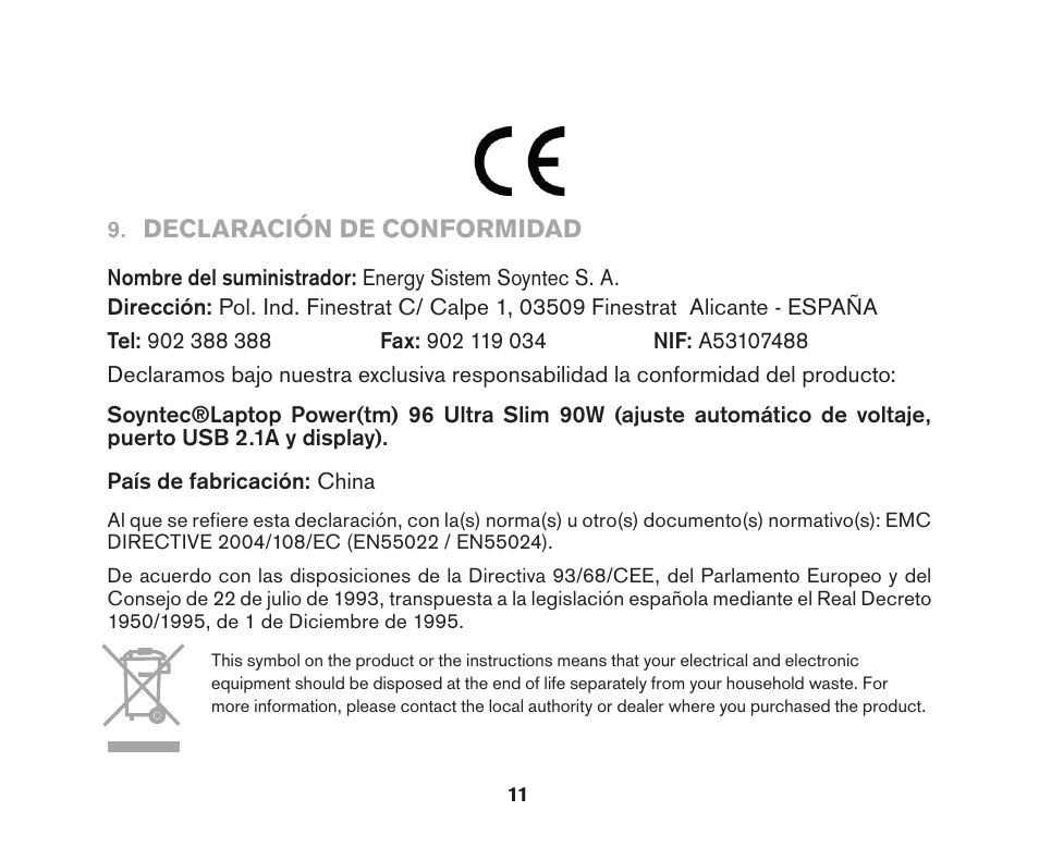 Declaración de conformidad | Soyntec LAPTOP POWER 96 User Manual | Page 11 / 32