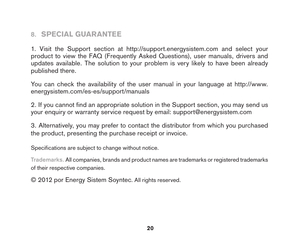 Special guarantee | Soyntec LAPTOP POWER 96 User Manual | Page 20 / 32