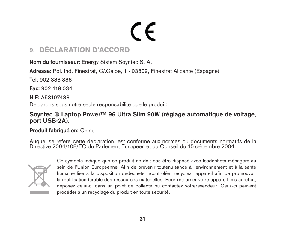 Déclaration d’accord | Soyntec LAPTOP POWER 96 User Manual | Page 31 / 32