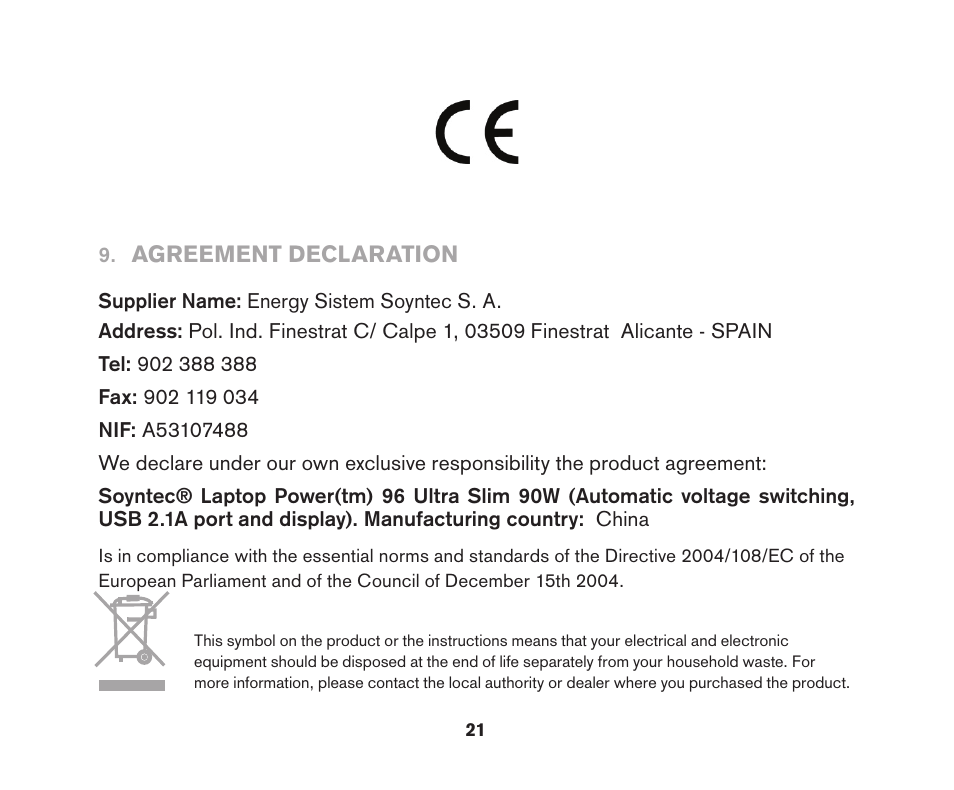 Agreement declaration | Soyntec LAPTOP POWER 96 User Manual | Page 9 / 9