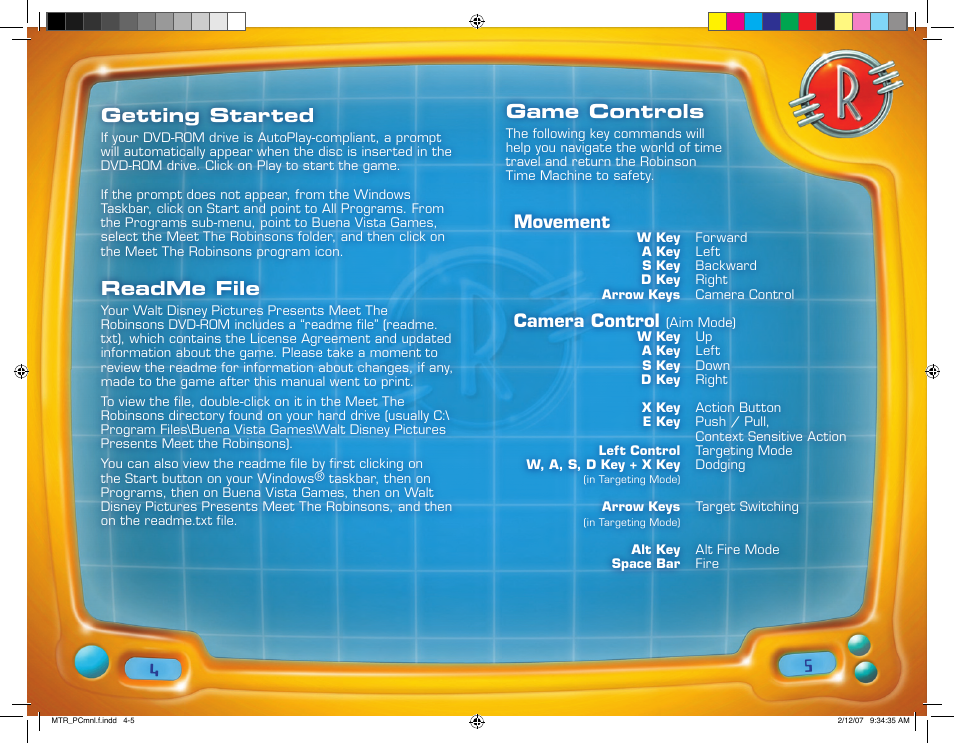 Game controls, Getting started, Readme file | Movement, Camera control | Disney Interactive Studios Meet the Robinsons: Robinson Industries User Manual | Page 3 / 13