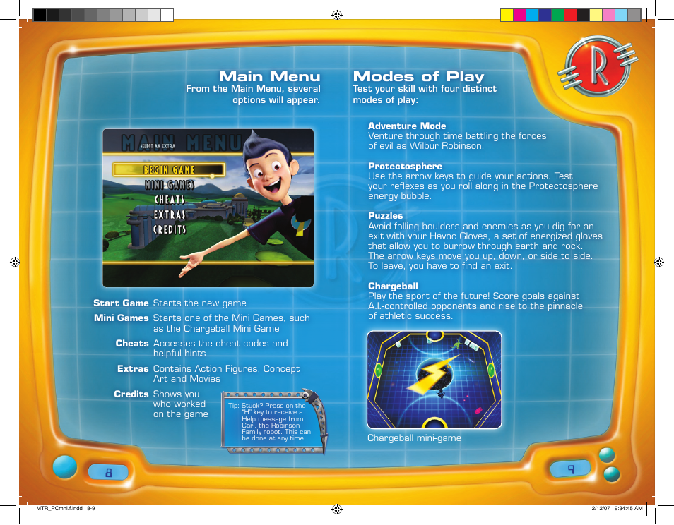 Modes of play, Main menu | Disney Interactive Studios Meet the Robinsons: Robinson Industries User Manual | Page 5 / 13