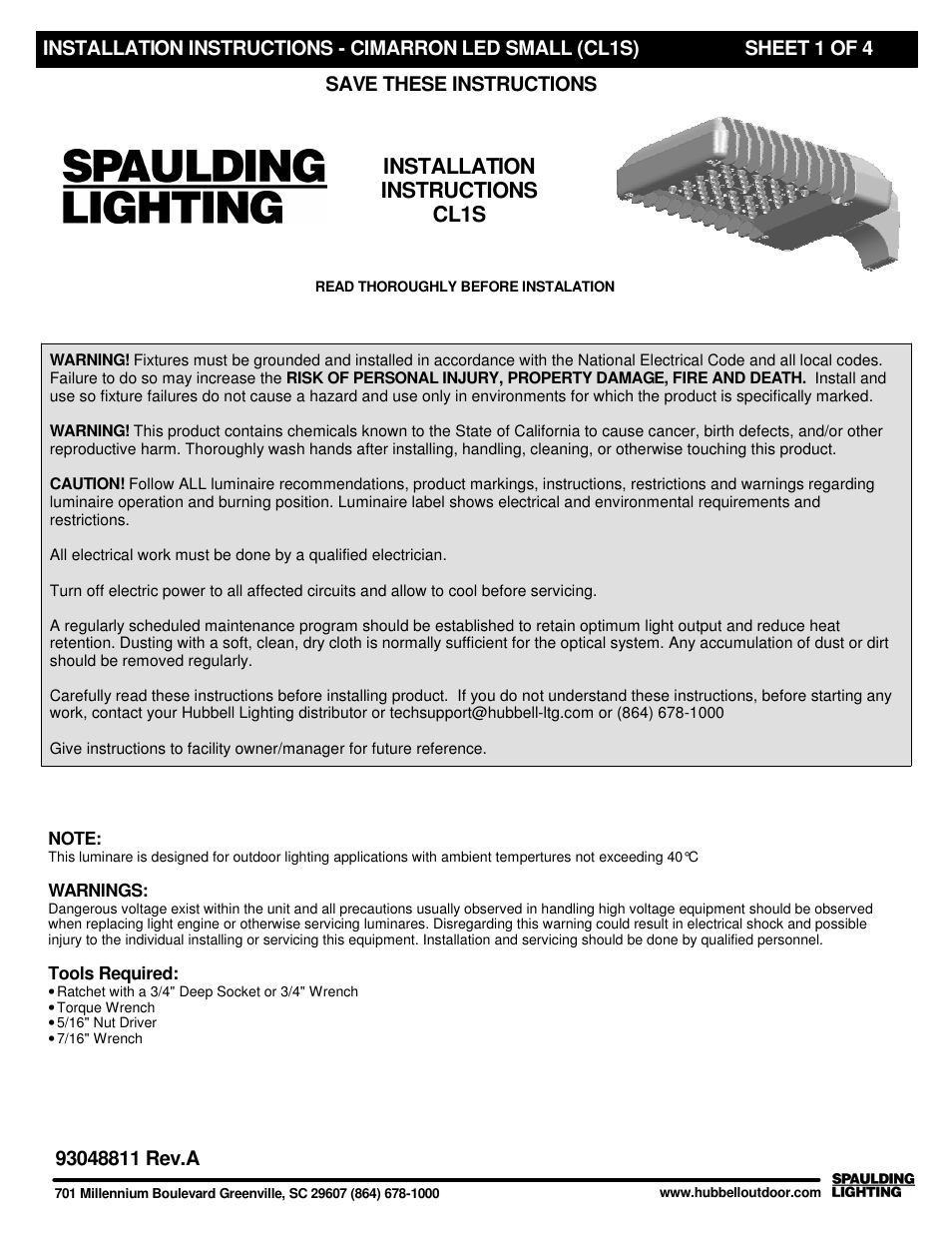 Spaulding Lighting Cimarron CL1S User Manual | 4 pages