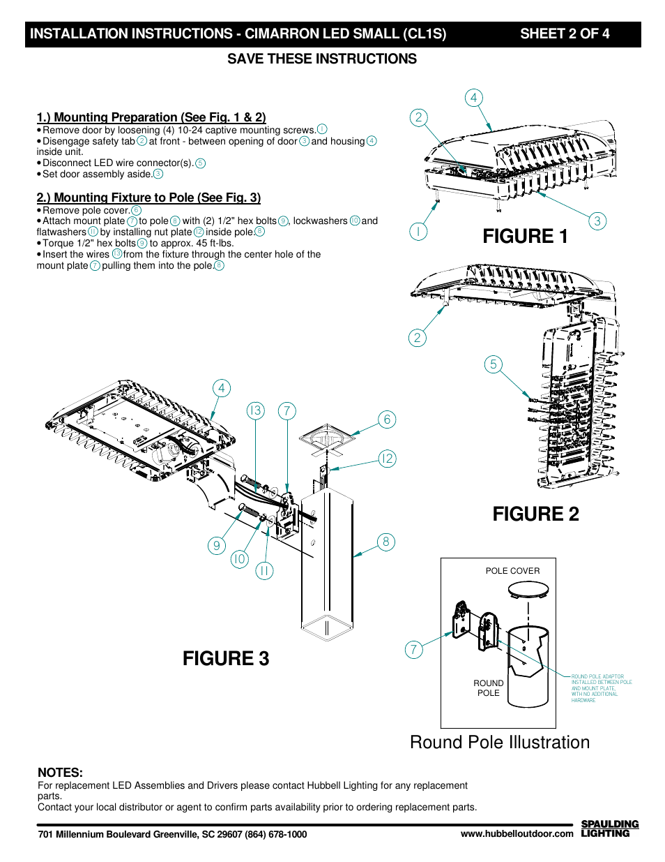Figure 1 figure 2 figure 3, Round pole illustration | Spaulding Lighting Cimarron CL1S User Manual | Page 2 / 4