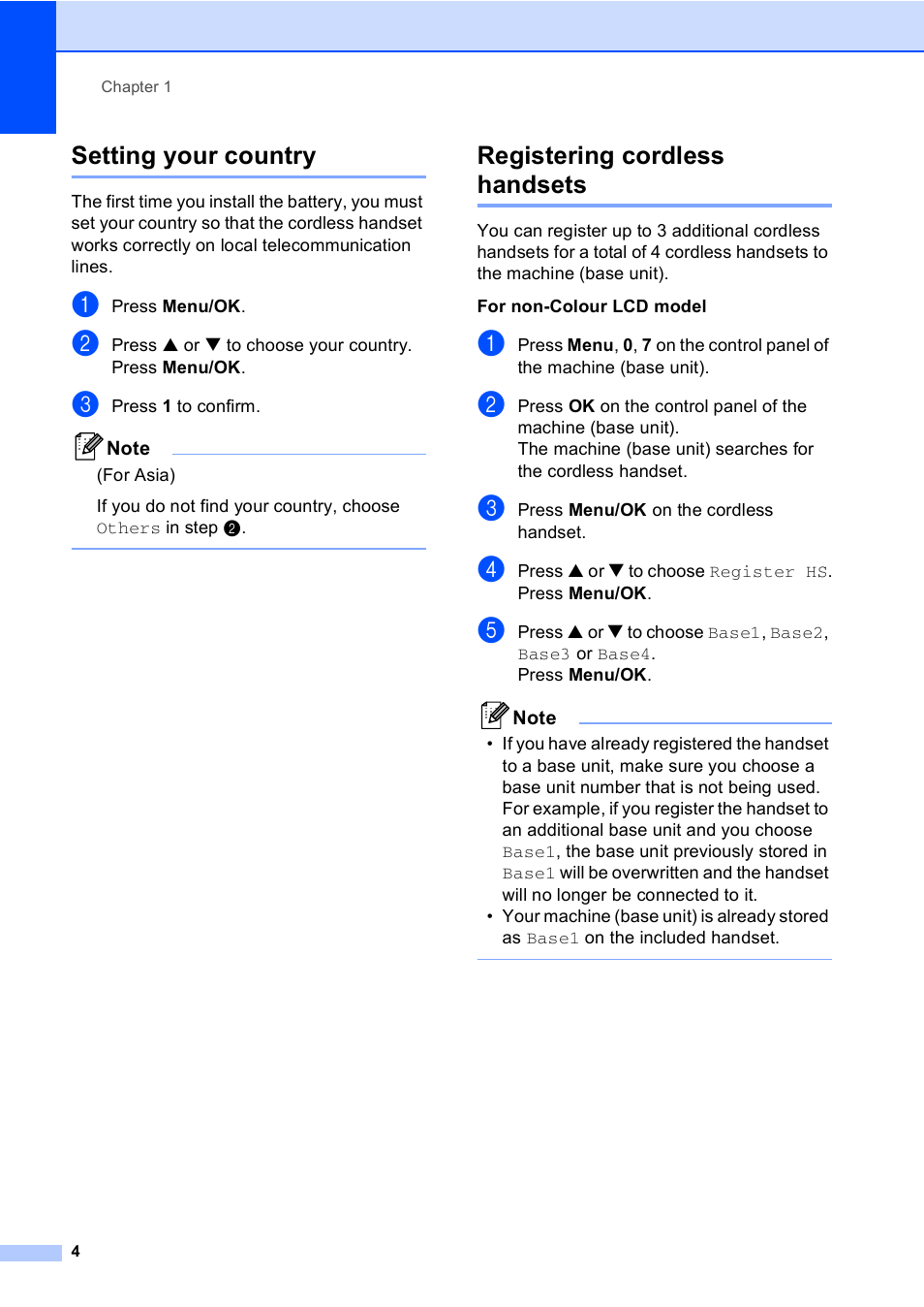 Setting your country, Registering cordless handsets, For non-colour lcd model | Setting your country registering cordless handsets | Brother BCL-D20 User Manual | Page 10 / 40