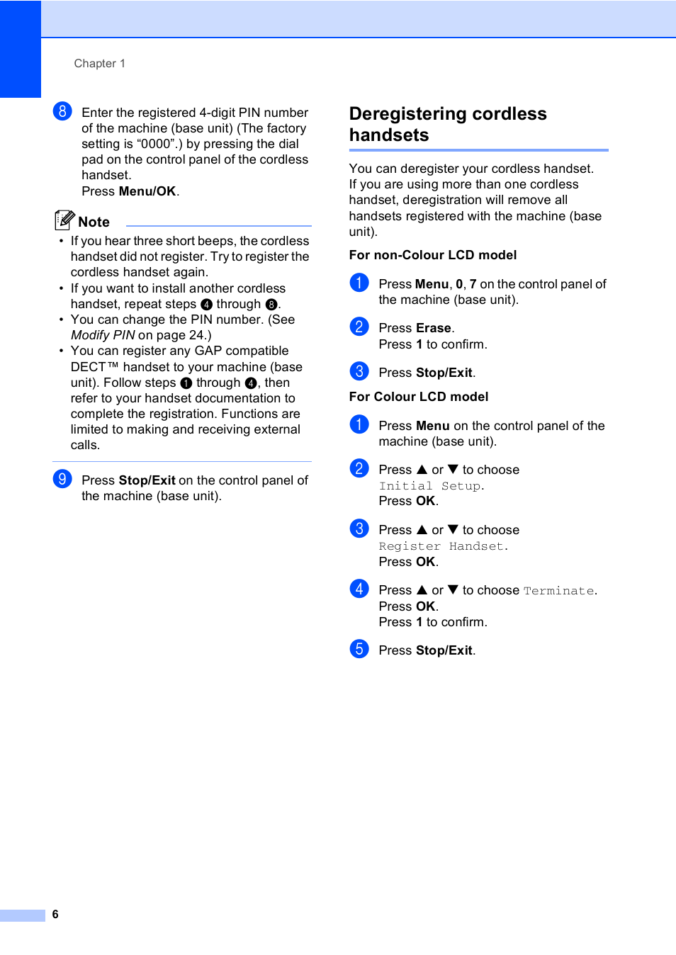 Deregistering cordless handsets, For non-colour lcd model, For colour lcd model | Brother BCL-D20 User Manual | Page 12 / 40