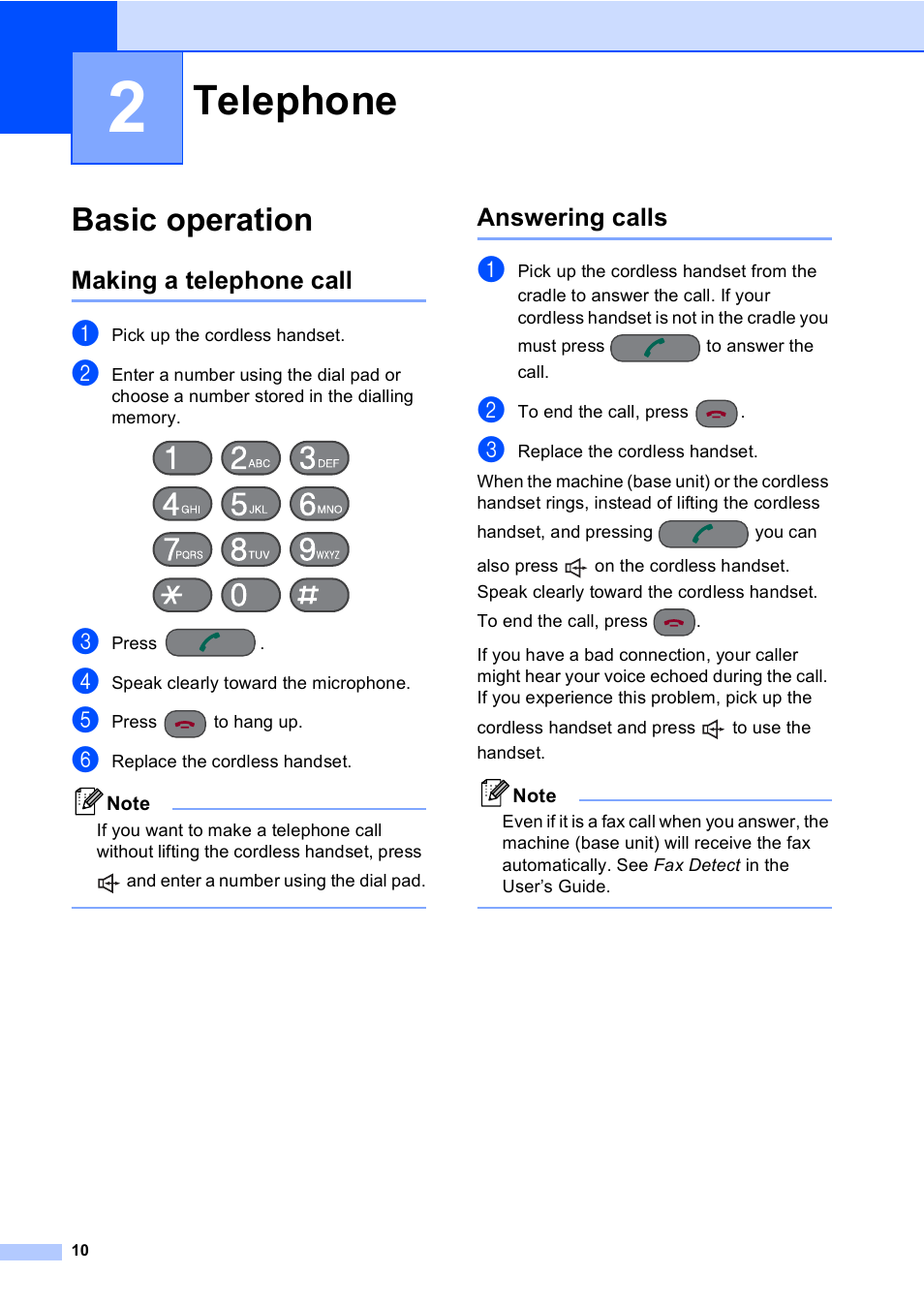 2 telephone, Basic operation, Making a telephone call | Answering calls, Telephone, Making a telephone call answering calls | Brother BCL-D20 User Manual | Page 16 / 40