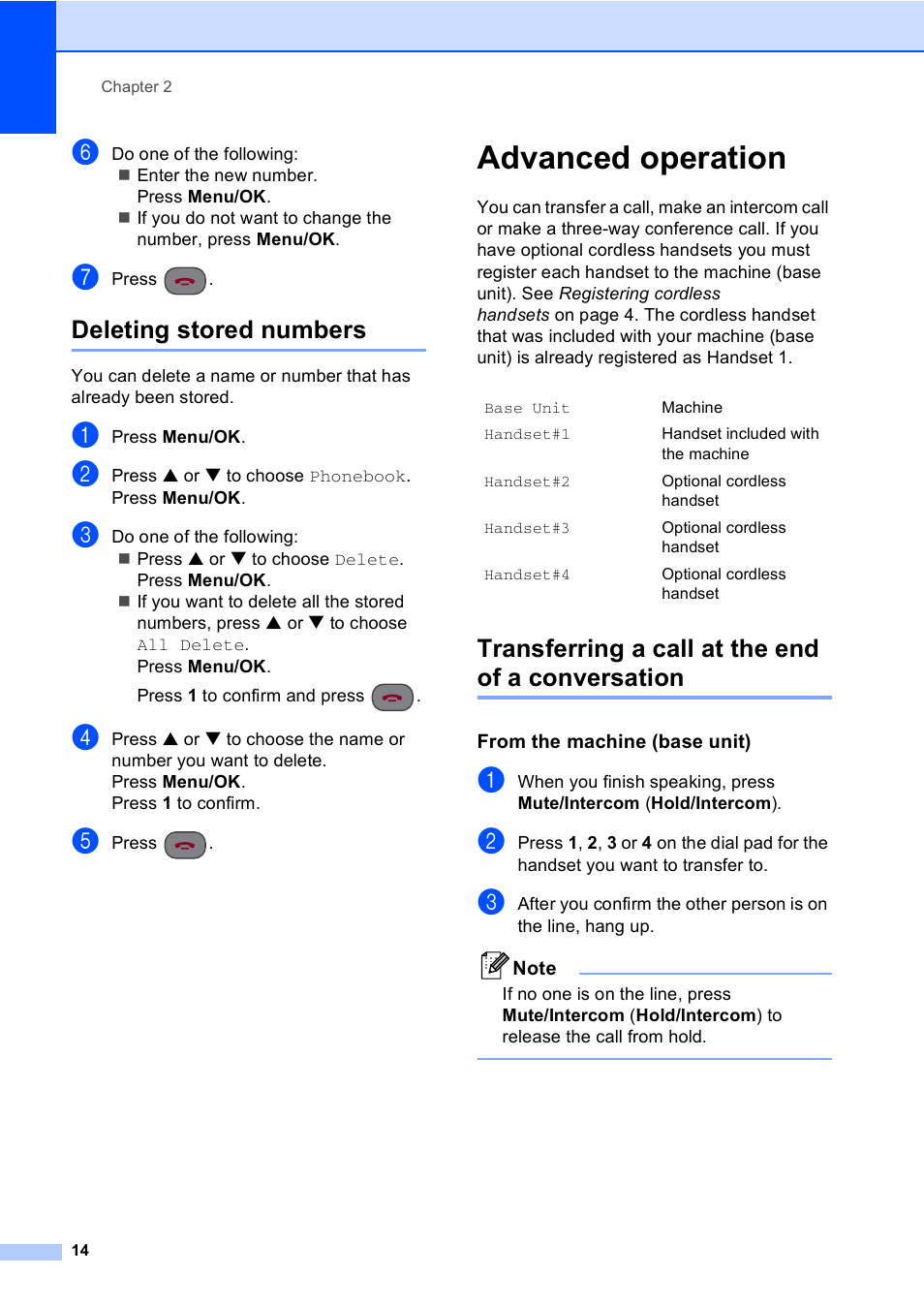 Deleting stored numbers, Advanced operation, Transferring a call at the end of a conversation | From the machine (base unit) | Brother BCL-D20 User Manual | Page 20 / 40