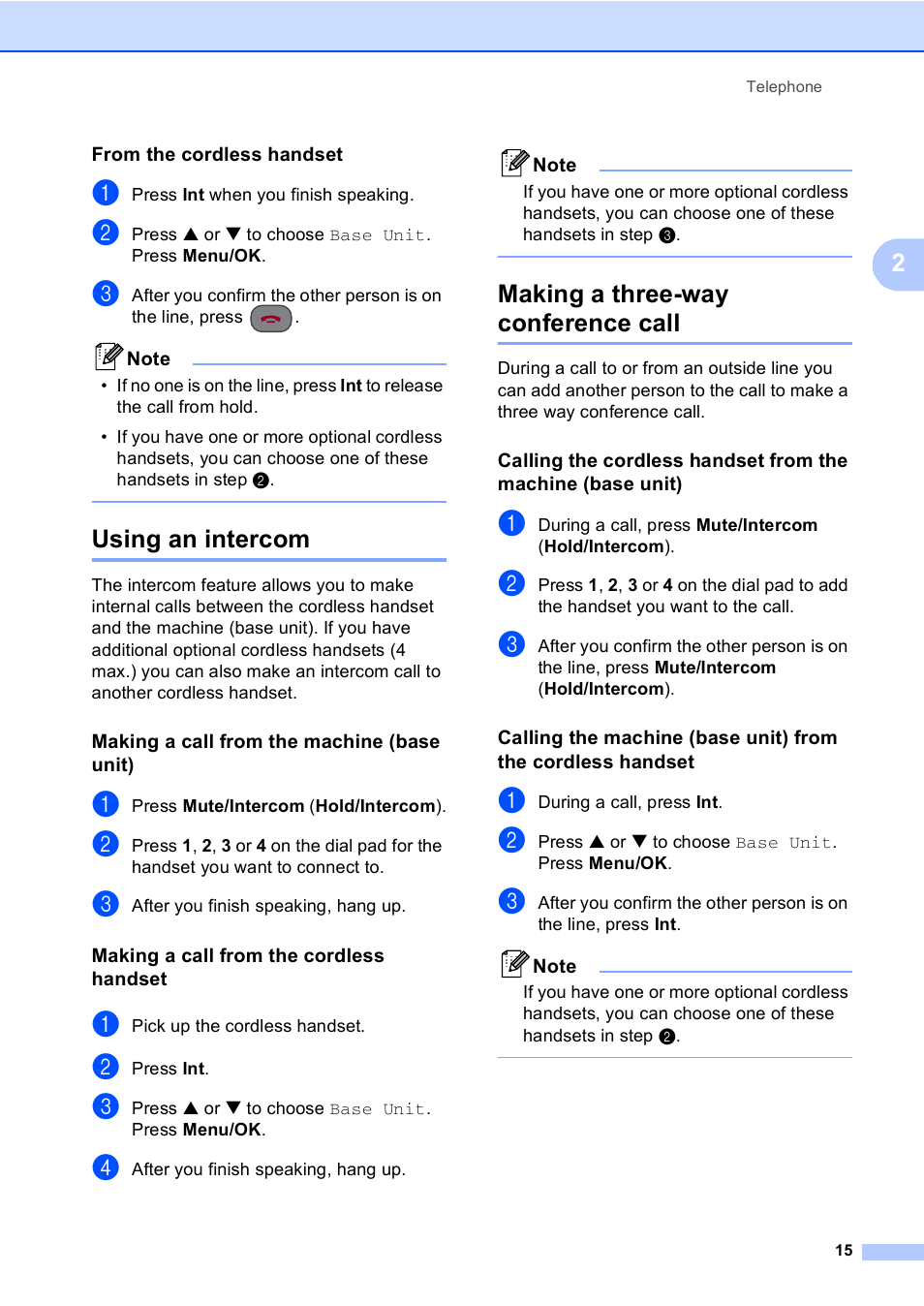 From the cordless handset, Using an intercom, Making a call from the machine (base unit) | Making a call from the cordless handset, Making a three-way conference call | Brother BCL-D20 User Manual | Page 21 / 40
