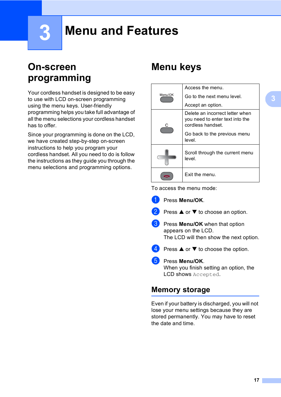 3 menu and features, On-screen programming, Menu keys | Memory storage, Menu and features, On-screen programming menu keys | Brother BCL-D20 User Manual | Page 23 / 40