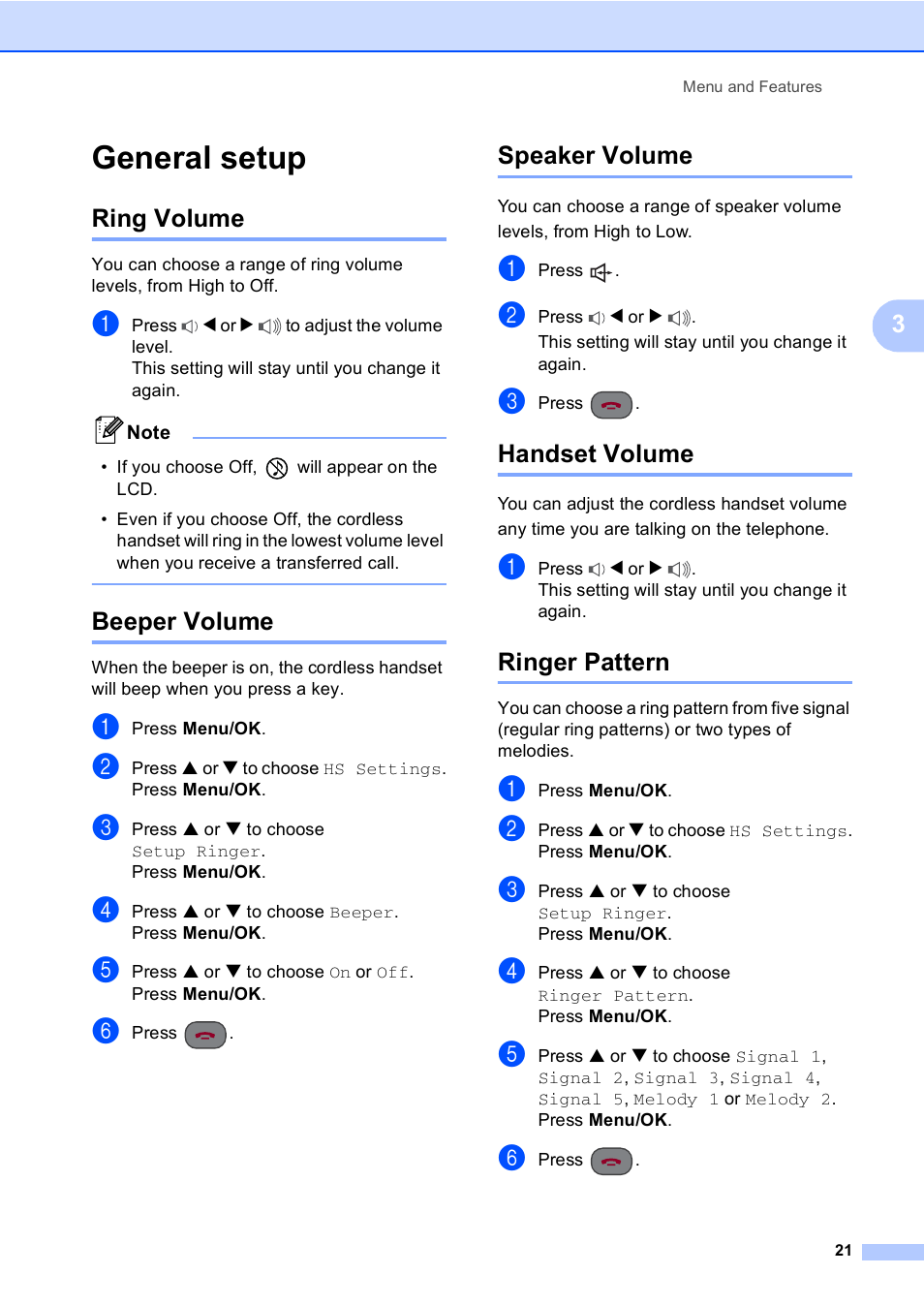 General setup, Ring volume, Beeper volume | Speaker volume, Handset volume, Ringer pattern | Brother BCL-D20 User Manual | Page 27 / 40