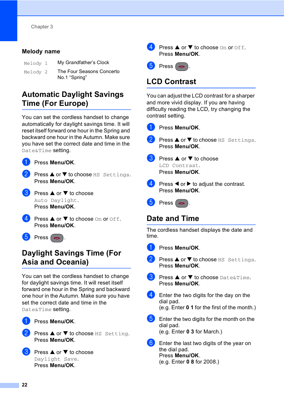 Automatic daylight savings time (for europe), Daylight savings time (for asia and oceania), Lcd contrast | Date and time | Brother BCL-D20 User Manual | Page 28 / 40