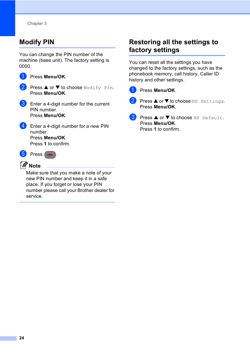 Modify pin, Restoring all the settings to factory settings | Brother BCL-D20 User Manual | Page 30 / 40