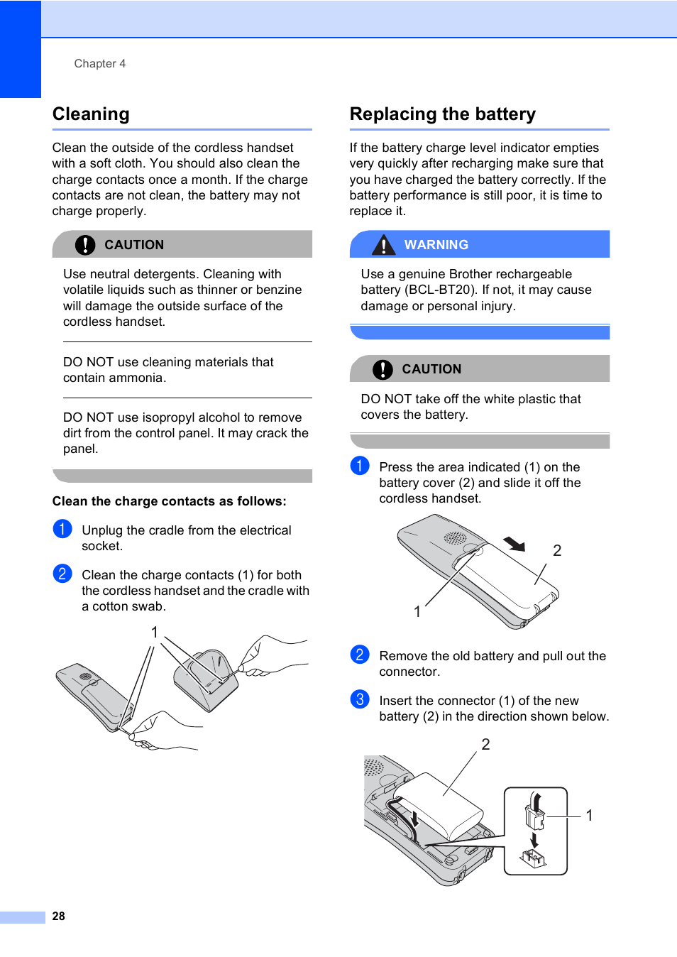 Cleaning, Replacing the battery, Cleaning replacing the battery | Brother BCL-D20 User Manual | Page 34 / 40