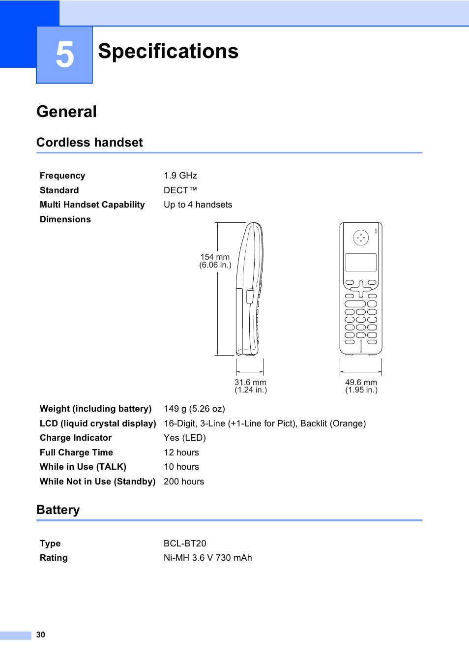 5 specifications, General, Cordless handset | Battery, Specifications, Cordless handset battery | Brother BCL-D20 User Manual | Page 36 / 40