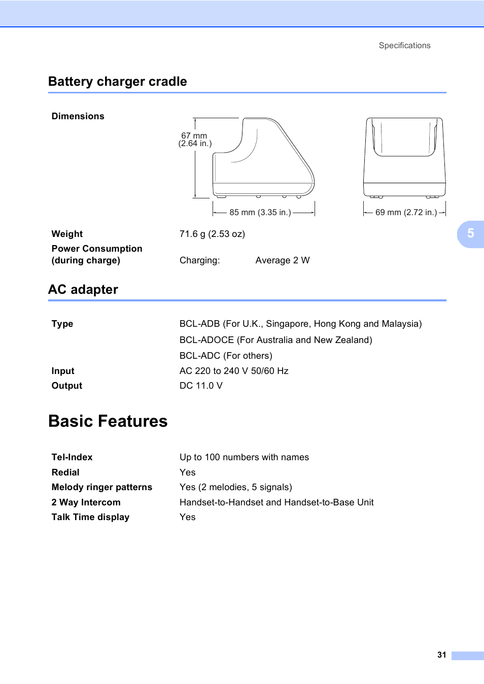 Battery charger cradle, Ac adapter, Basic features | Battery charger cradle ac adapter, 5battery charger cradle | Brother BCL-D20 User Manual | Page 37 / 40