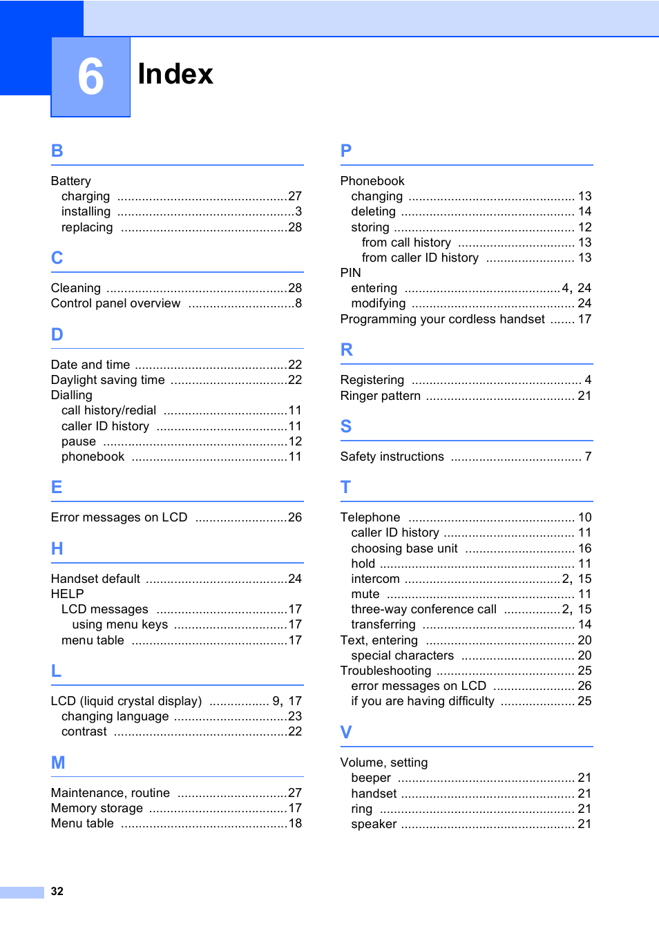 6 index, Index | Brother BCL-D20 User Manual | Page 38 / 40