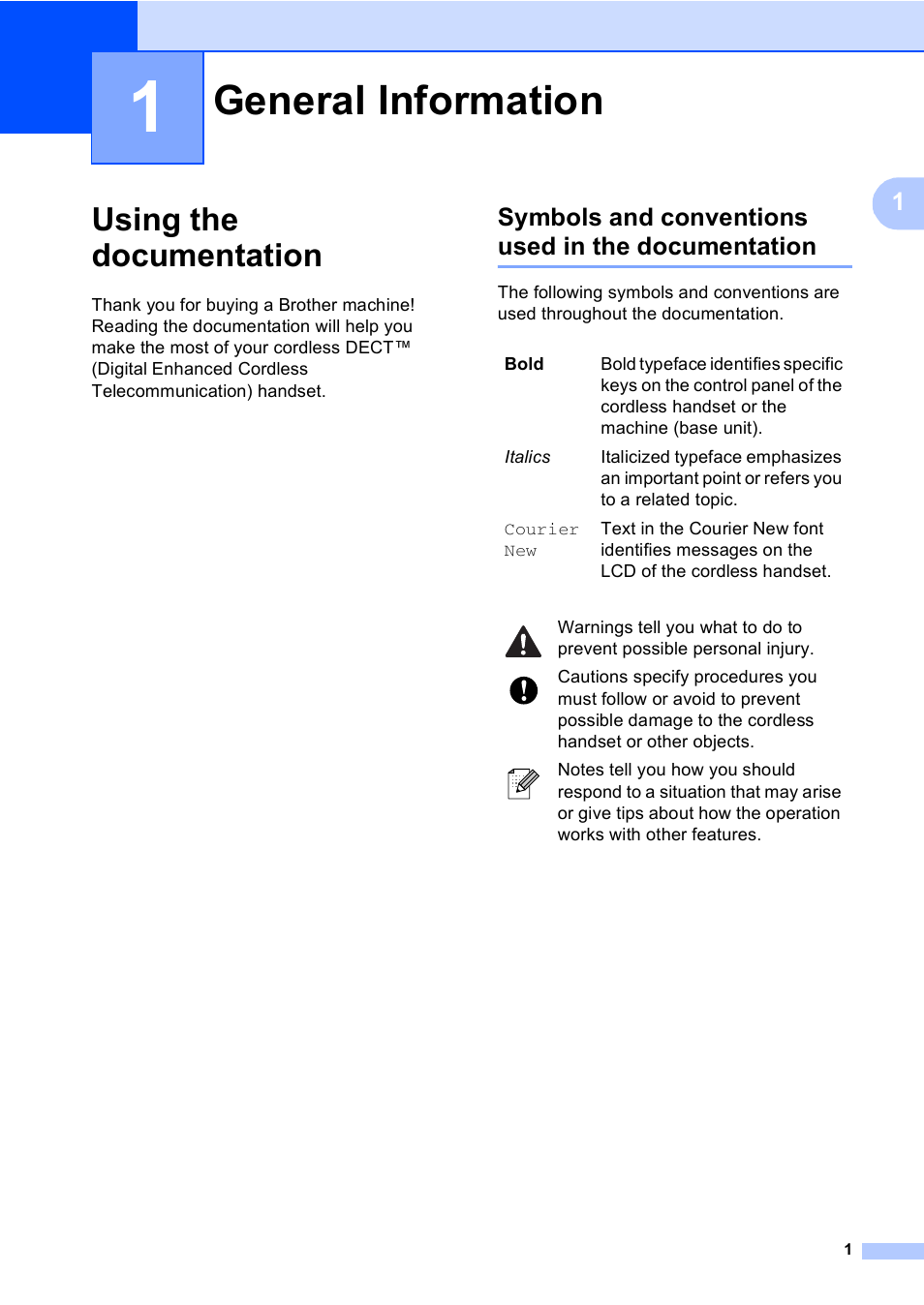 1 general information, Using the documentation, Symbols and conventions used in the documentation | General information | Brother BCL-D20 User Manual | Page 7 / 40