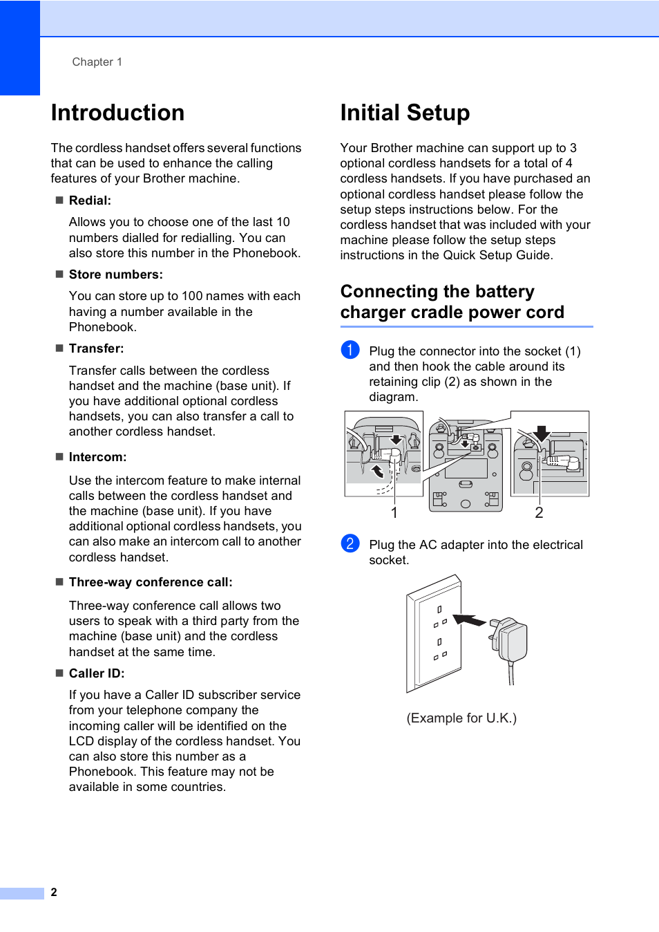 Introduction, Initial setup, Connecting the battery charger cradle power cord | Introduction initial setup | Brother BCL-D20 User Manual | Page 8 / 40