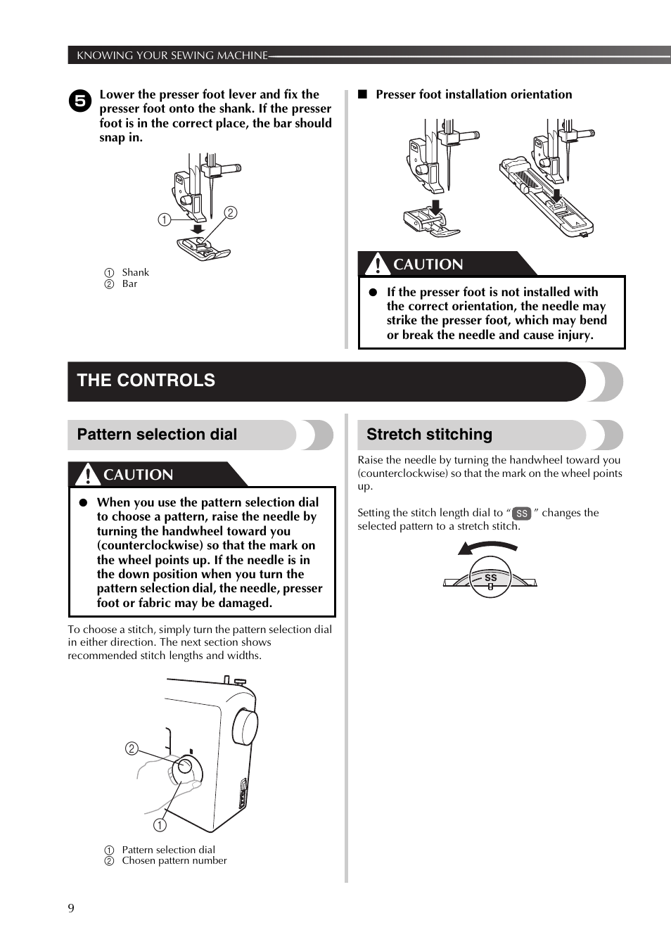 The controls, Pattern selection dial, Stretch stitching | Caution | Brother 885-X16 User Manual | Page 10 / 104
