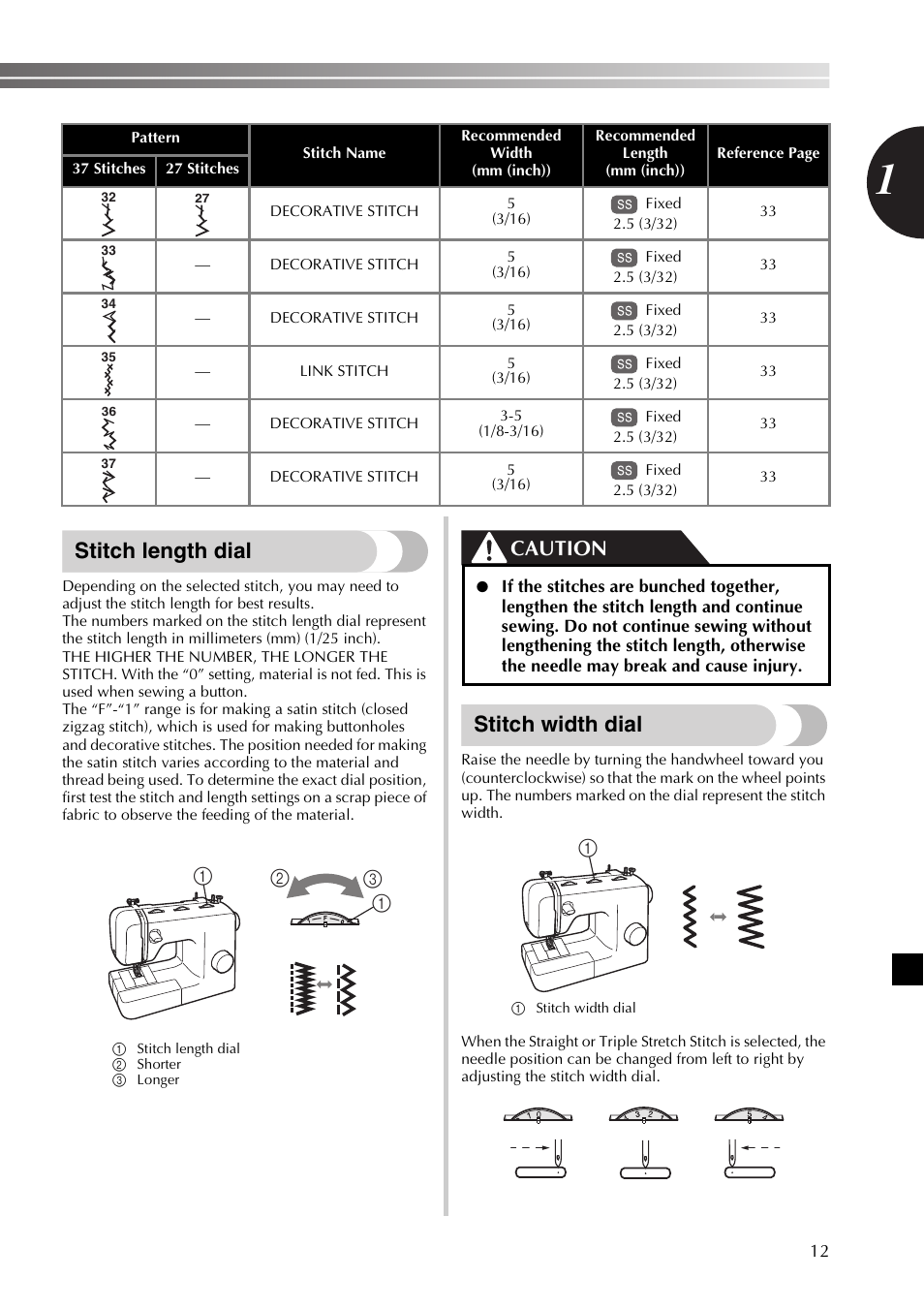 Stitch length dial, Stitch width dial, Caution | Brother 885-X16 User Manual | Page 13 / 104