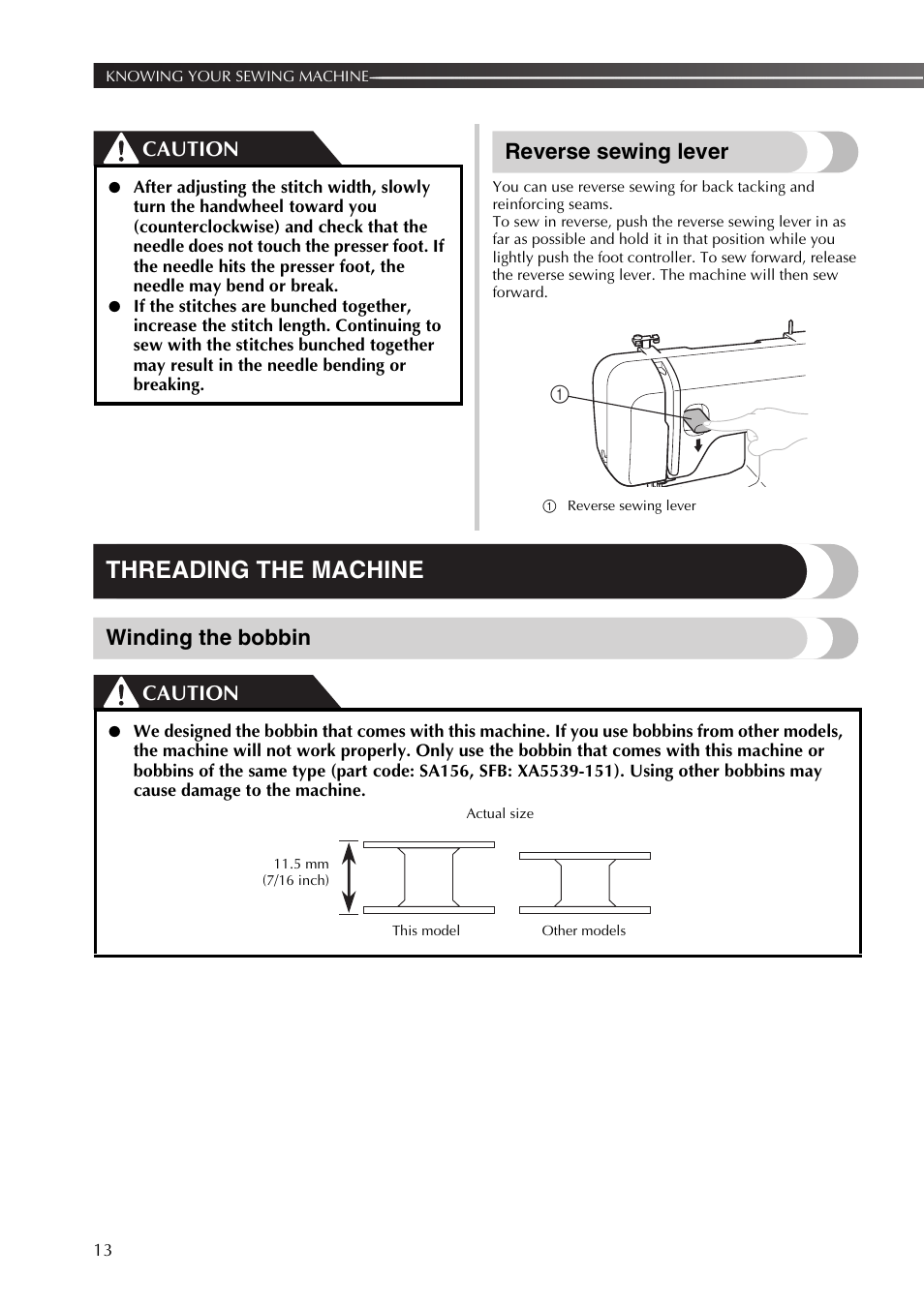 Threading the machine, Reverse sewing lever, Winding the bobbin | Caution | Brother 885-X16 User Manual | Page 14 / 104