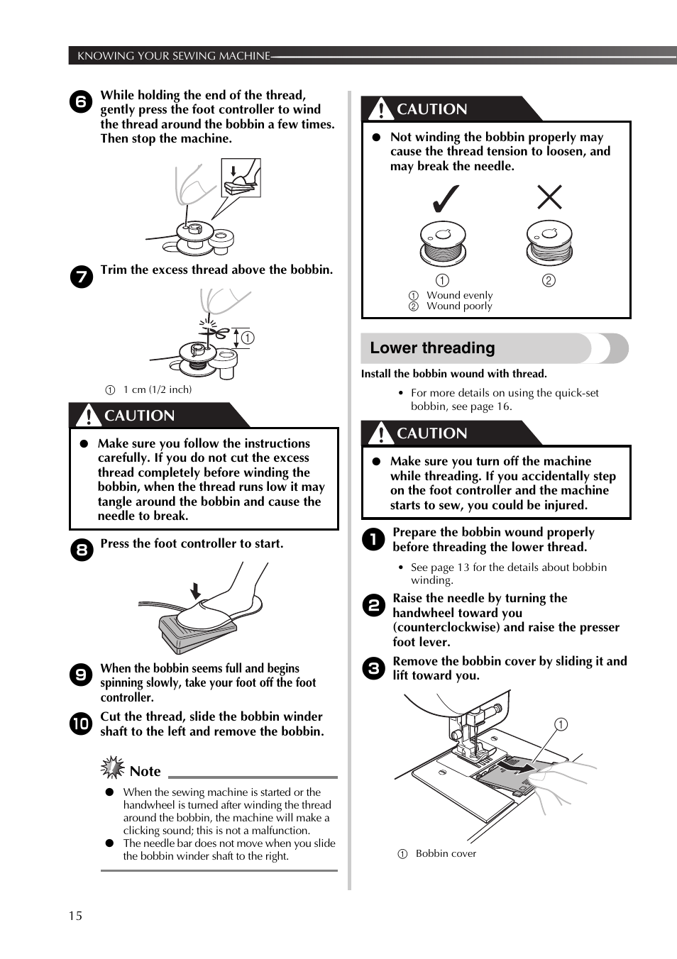 Lower threading, Caution | Brother 885-X16 User Manual | Page 16 / 104