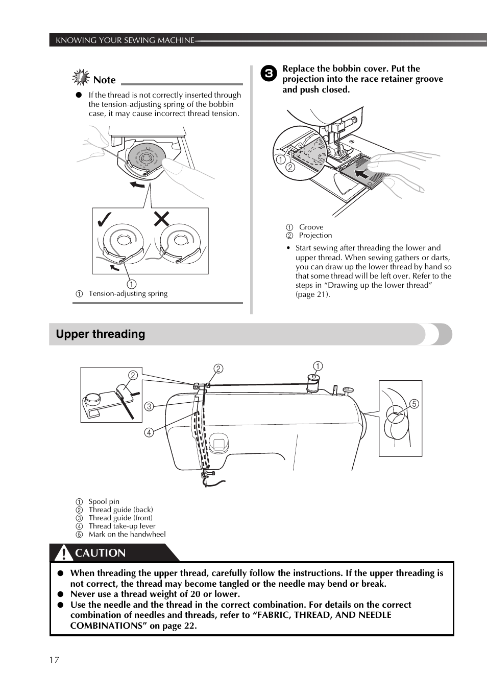 Upper threading, Caution | Brother 885-X16 User Manual | Page 18 / 104