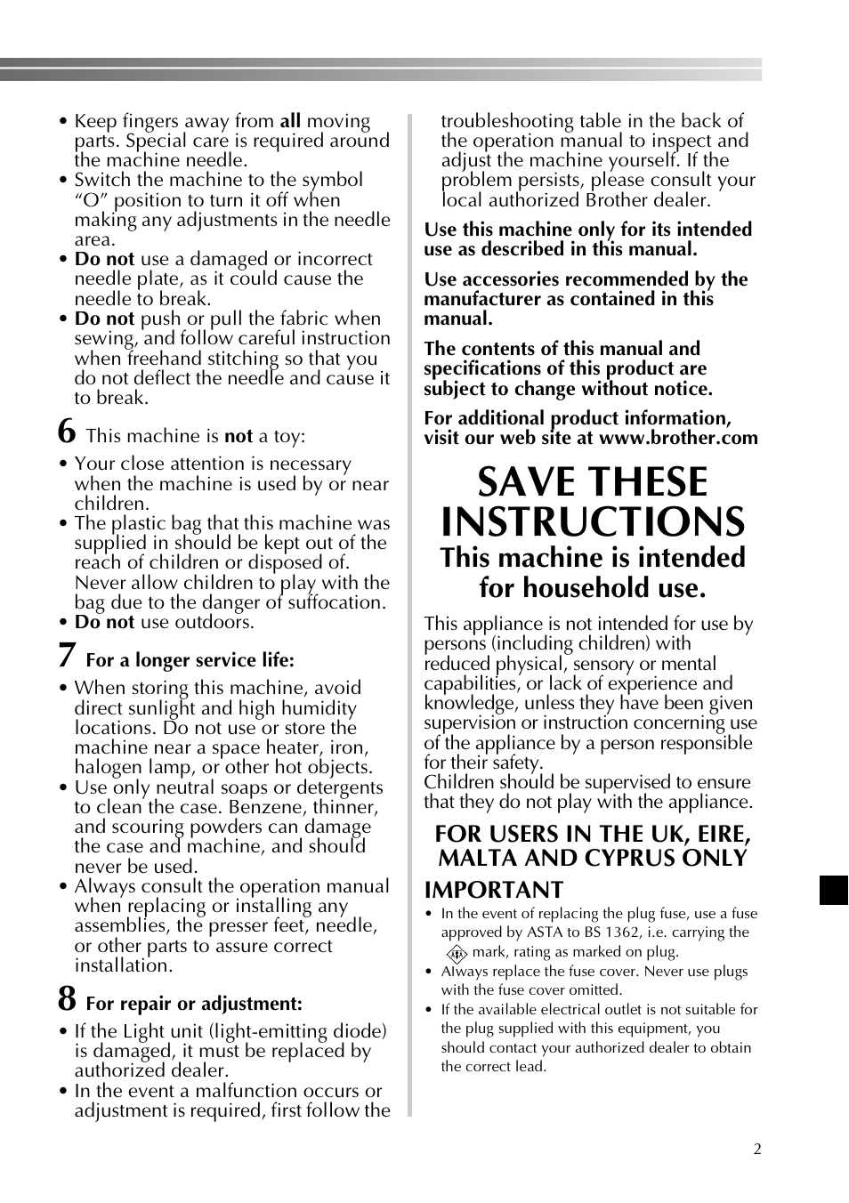 Save these instructions, This machine is intended for household use | Brother 885-X16 User Manual | Page 3 / 104