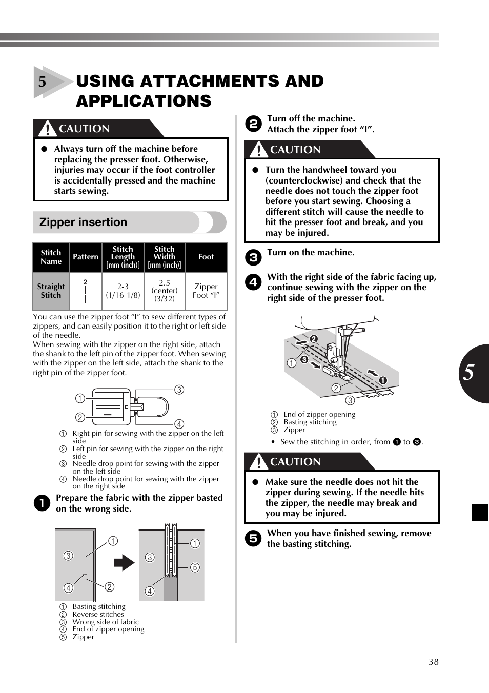 5using attachments and applications, Zipper insertion, Caution | Brother 885-X16 User Manual | Page 39 / 104