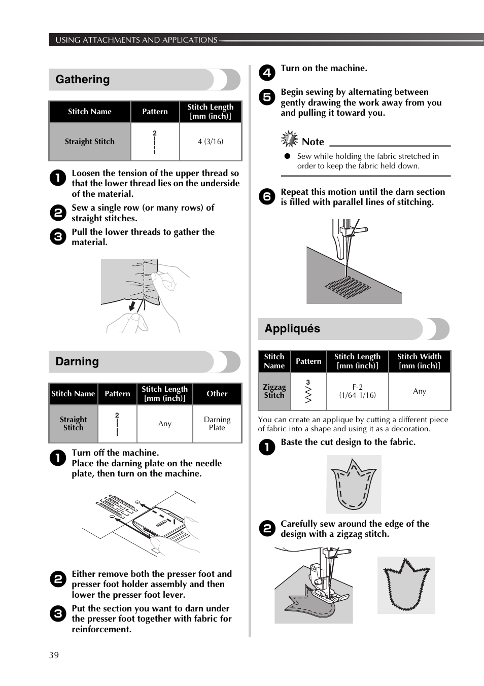 Gathering, Darning, Appliqués | Brother 885-X16 User Manual | Page 40 / 104