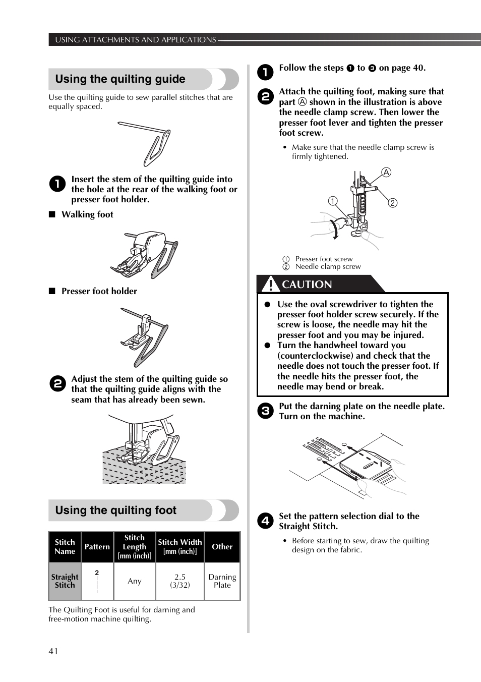 Using the quilting guide, Using the quilting foot, Caution | A1 2 | Brother 885-X16 User Manual | Page 42 / 104