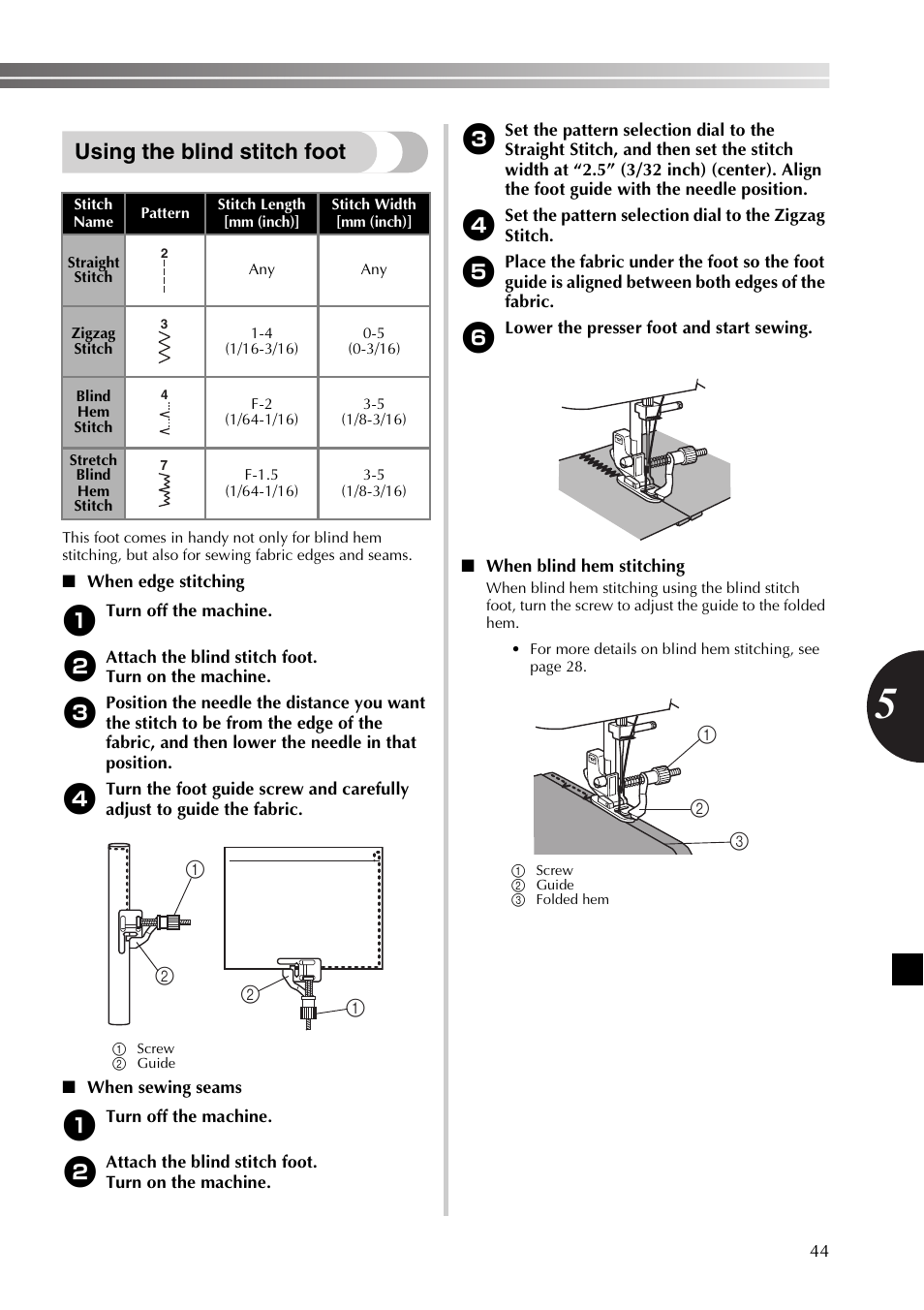 Using the blind stitch foot | Brother 885-X16 User Manual | Page 45 / 104