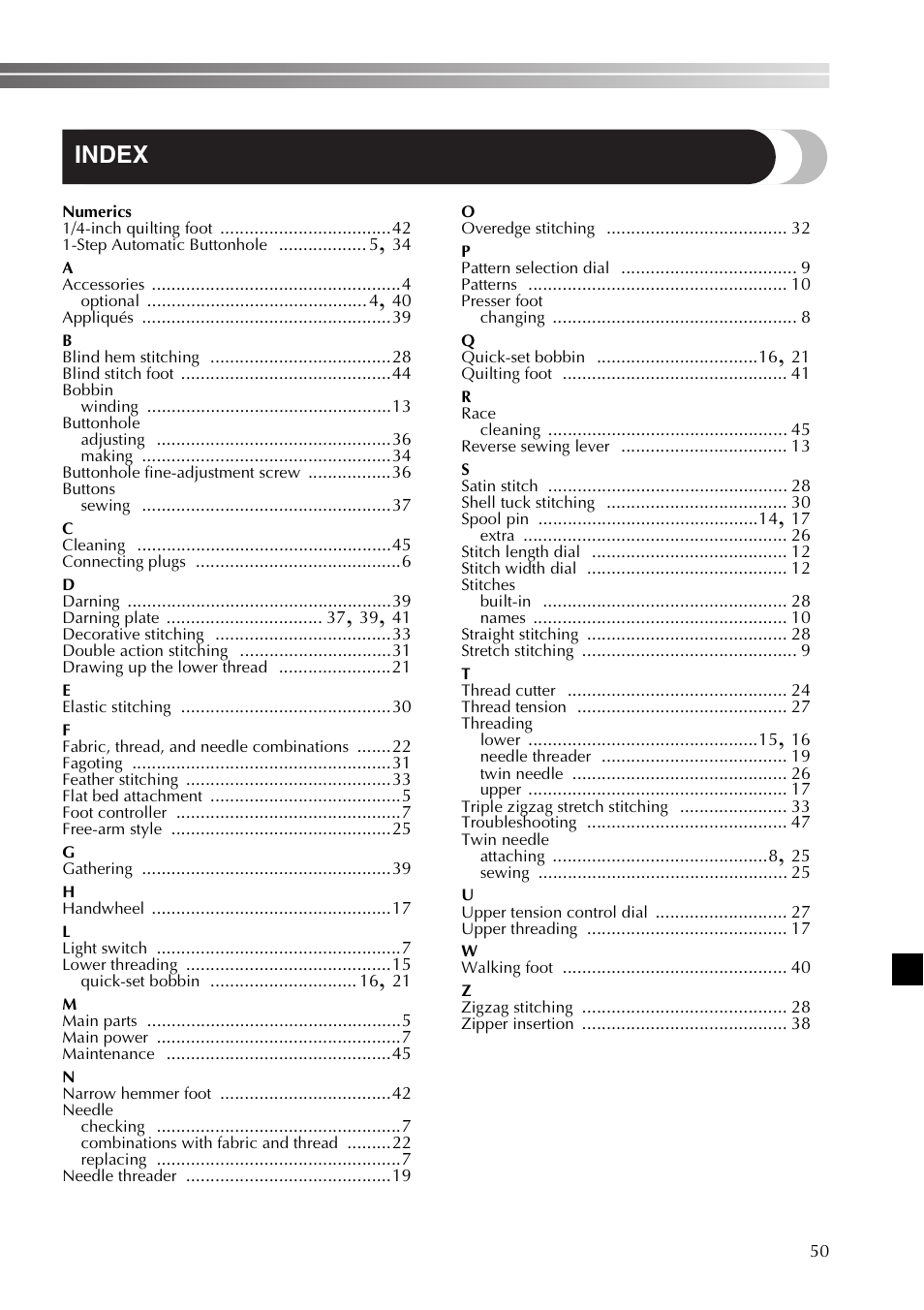 Index | Brother 885-X16 User Manual | Page 51 / 104