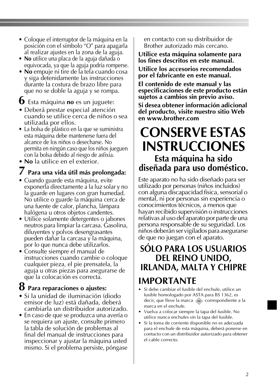 Conserve estas instrucciones, Esta máquina ha sido diseñada para uso doméstico | Brother 885-X16 User Manual | Page 53 / 104