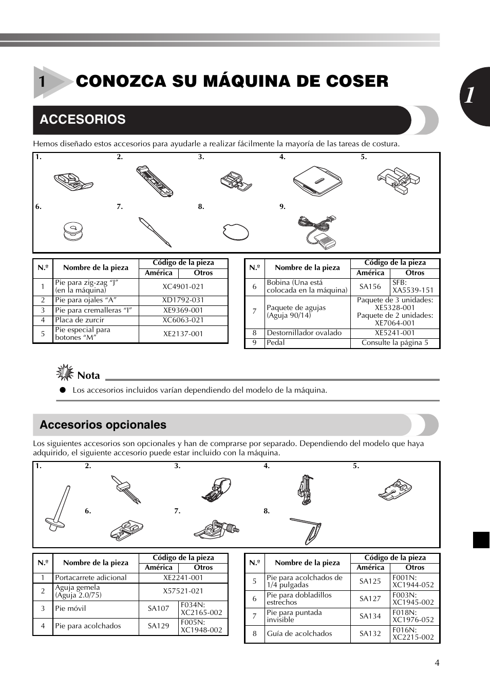 1conozca su máquina de coser, Accesorios, Accesorios opcionales | Nota | Brother 885-X16 User Manual | Page 55 / 104