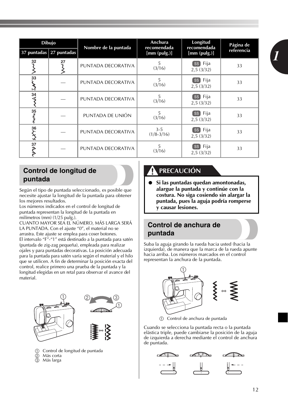 Control de longitud de puntada, Control de anchura de puntada, Precaución | Brother 885-X16 User Manual | Page 63 / 104