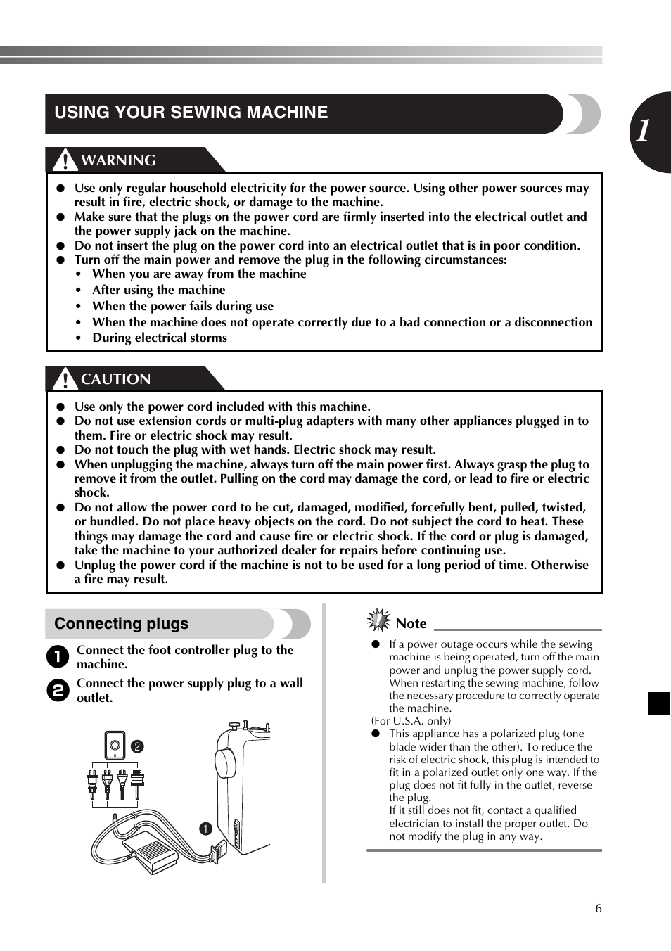 Using your sewing machine, Connecting plugs, Warning caution | Brother 885-X16 User Manual | Page 7 / 104