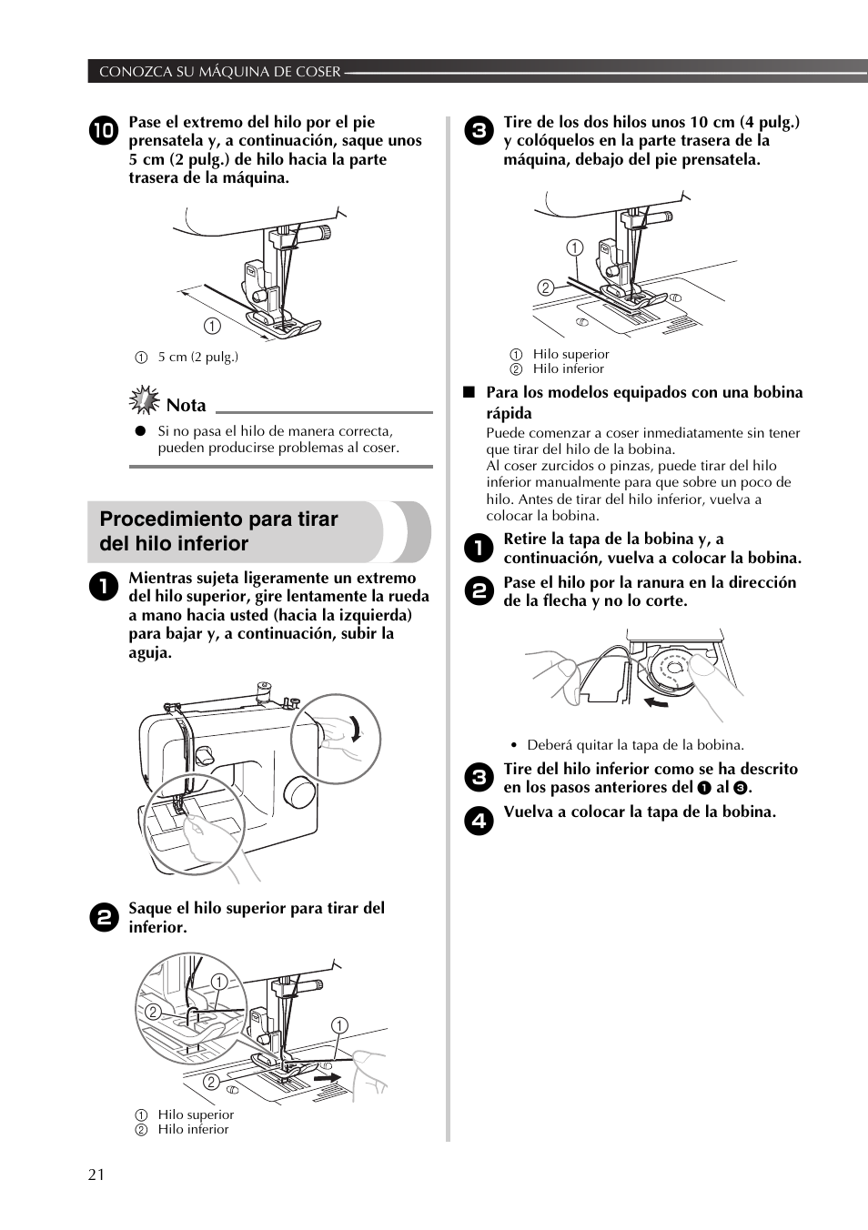 Procedimiento para tirar del hilo inferior, Nota | Brother 885-X16 User Manual | Page 72 / 104