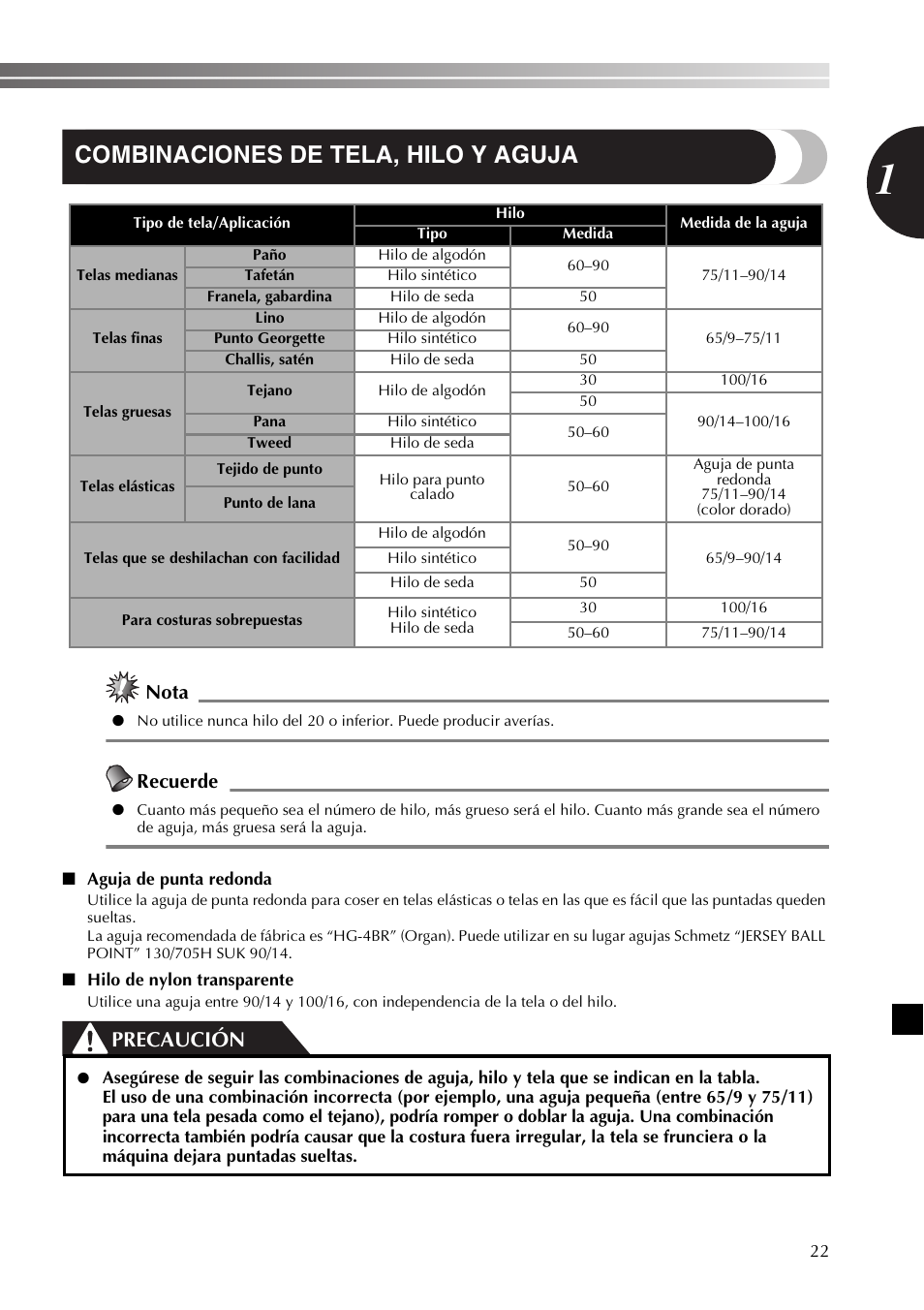 Combinaciones de tela, hilo y aguja, Precaución, Nota | Recuerde | Brother 885-X16 User Manual | Page 73 / 104