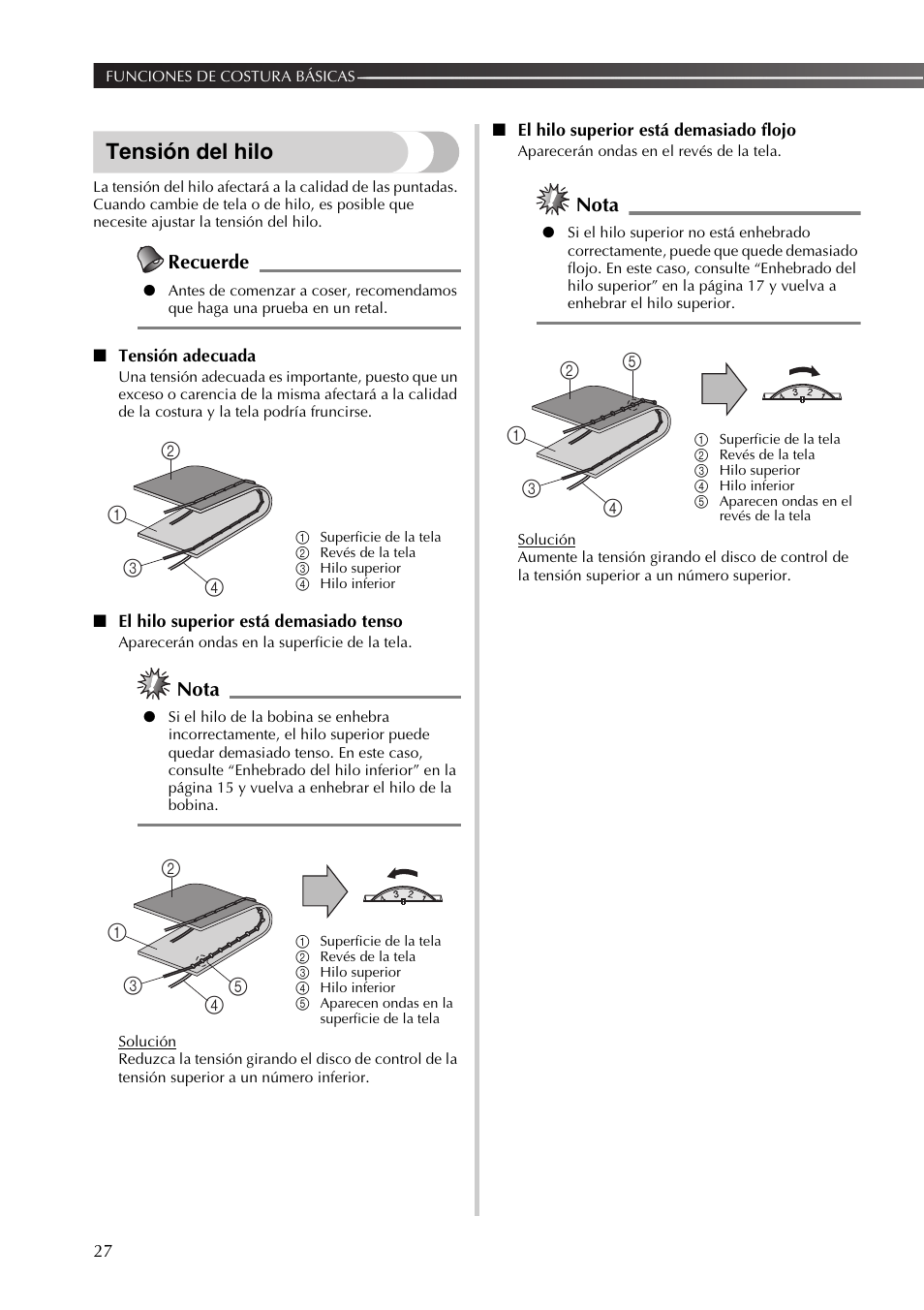 Tensión del hilo, Recuerde, Nota | Brother 885-X16 User Manual | Page 78 / 104